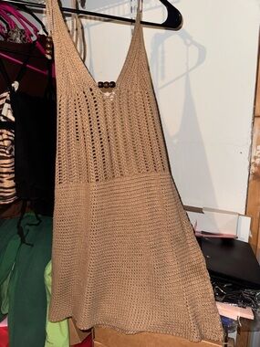 SHEIN Tan Crochet Halter Tank with Bead Detail